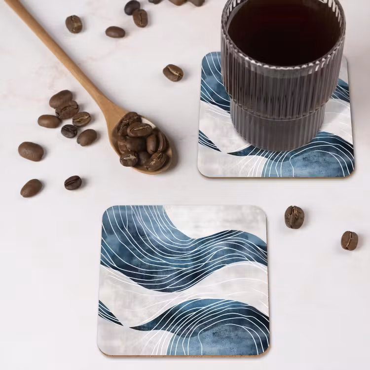 Lijnen - Golven - Abstract - Blauw onderzetter kurk middel -sfeer2
