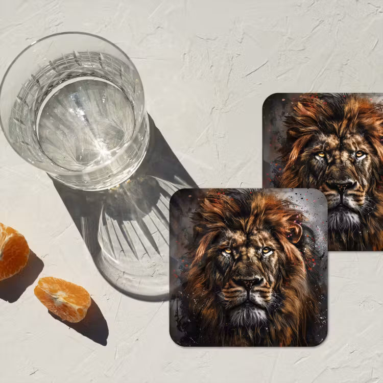 Leeuw - Dieren - Portret - Zwart - Luxe onderzetter kurk middel -sfeer4