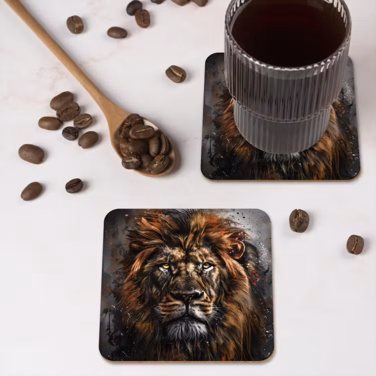 Leeuw - Dieren - Portret - Zwart - Luxe onderzetter kurk middel -sfeer2