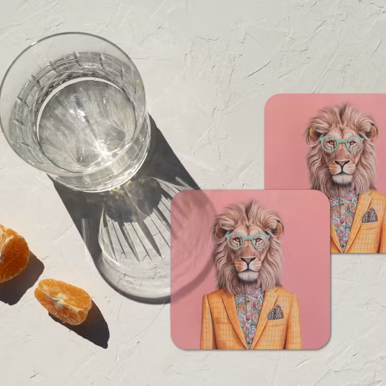 Leeuw - Pak - Geruit - Bril onderzetter kurk middel -sfeer4