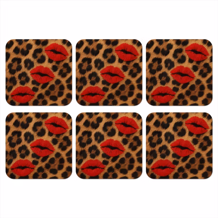 Lippen - Drie - Rood - Panterprint onderzetter kurk middel -3d