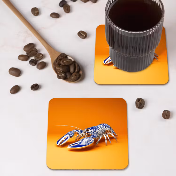 Kreeft - Delftsblauw - Schild - Stoer - Oranje onderzetter kurk middel -sfeer2
