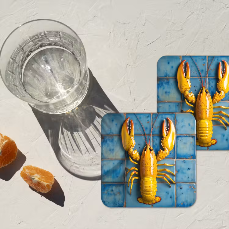 Kreeft - Geel - Blauw - Tegels onderzetter kurk middel -sfeer4