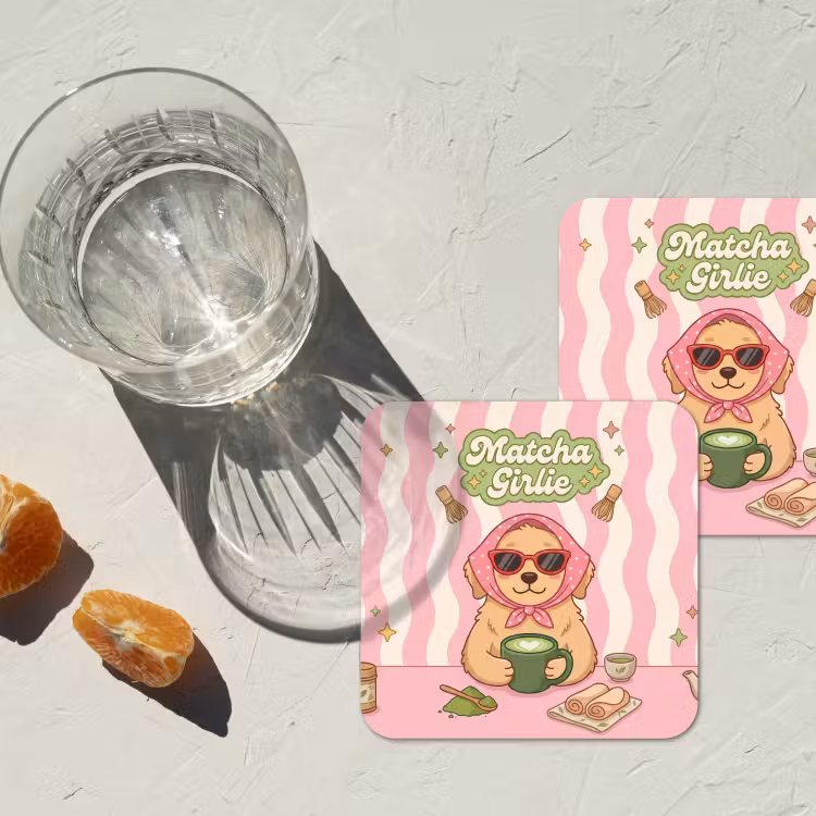 Matcha - Hond - Roze - Groen onderzetter kurk middel -sfeer4