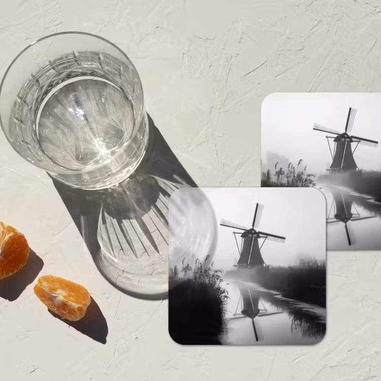Molen - Weerspiegeling - Landschap - Water onderzetter kurk middel -sfeer4
