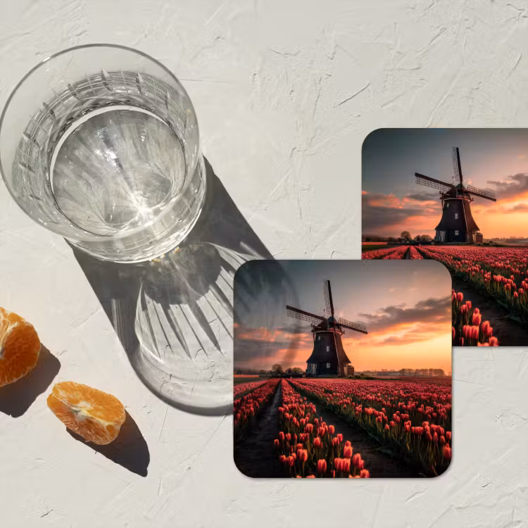 Molen - Zonsondergang - Tulpen - Rood onderzetter kurk middel -sfeer4