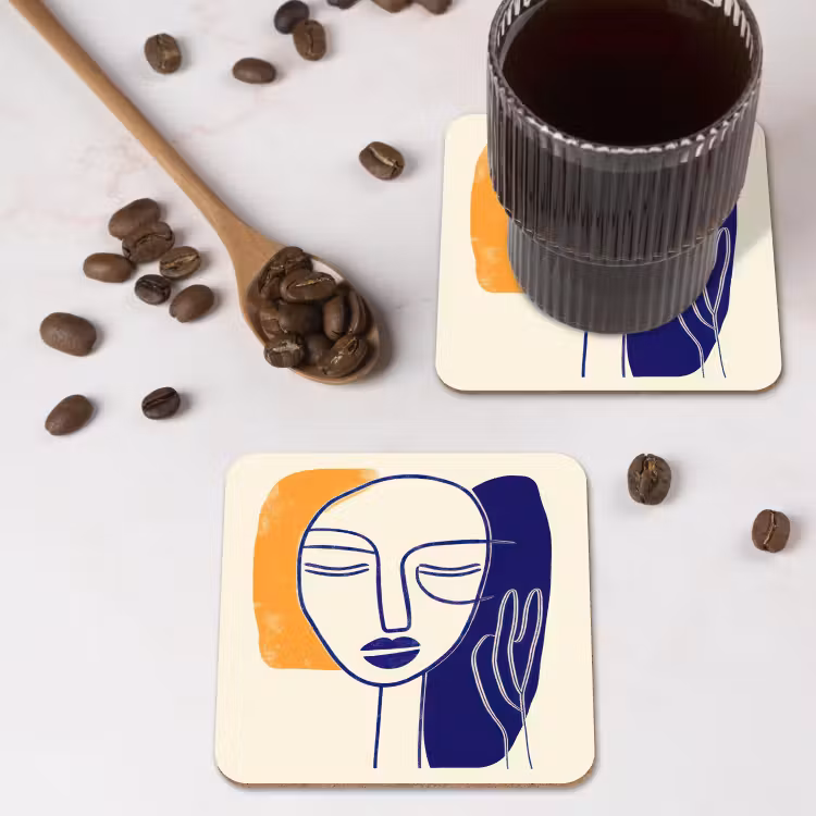 Minimalistisch - Gezicht - Hand - Oranje - Blauw onderzetter kurk middel -sfeer2