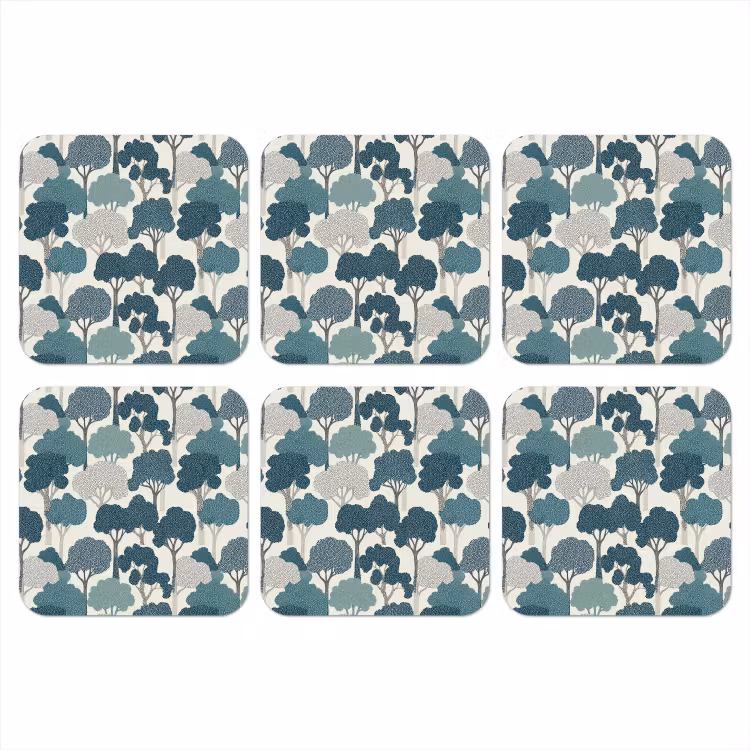 Modern - Bomen - Bos - Patroon - Blauw onderzetter kurk middel 366 -3d