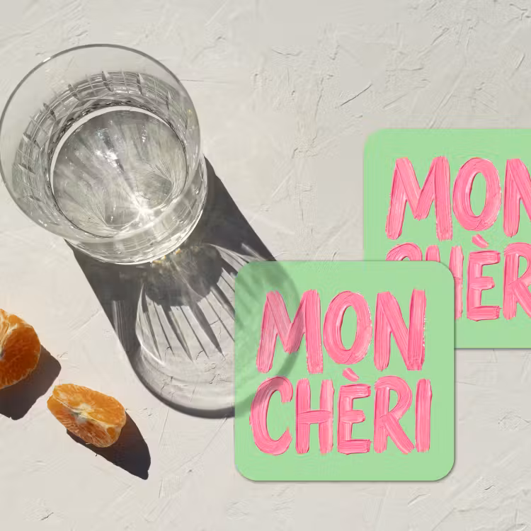 Mon cheri - Groen - Roze onderzetter kurk middel -sfeer4
