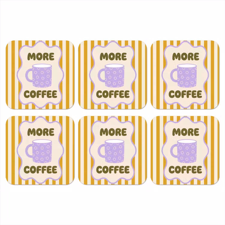 More coffee - Geel - Paars - Strepen - Mok onderzetter kurk middel -3d