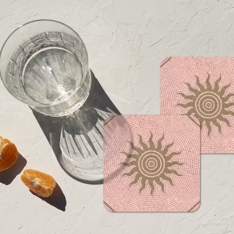 Mozaïek - Zon - Patroon - Klassiek - Roze onderzetter kurk middel -sfeer4