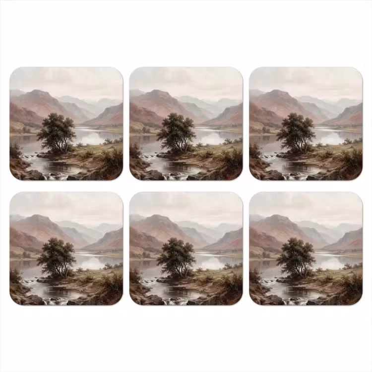 Berglandschap - Meer - Bergen - Vallei - Klassiek onderzetter kurk middel -3d
