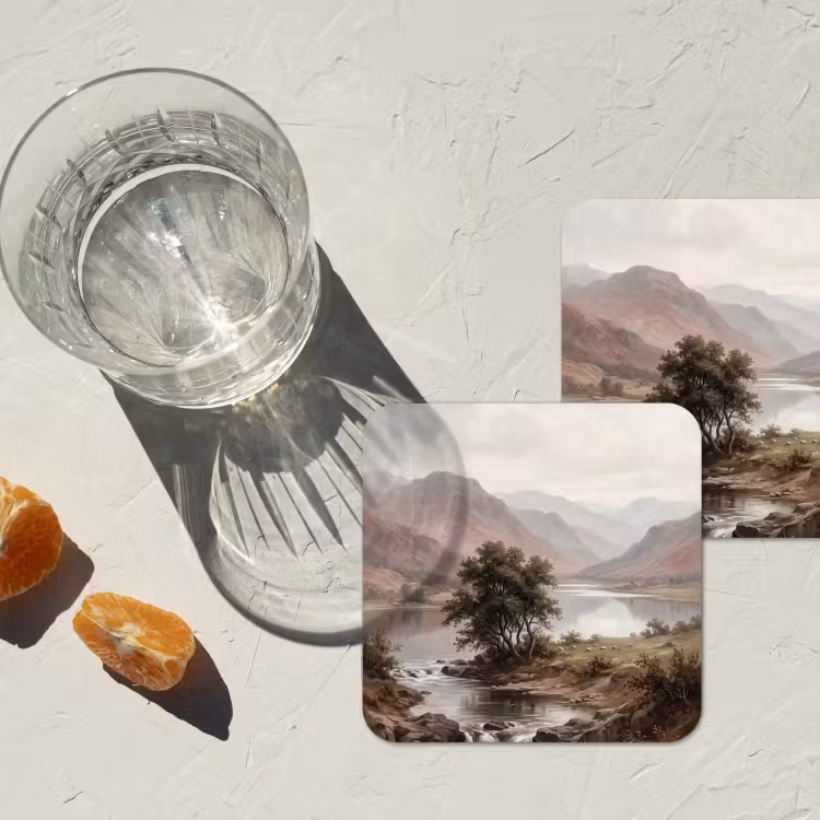 Berglandschap - Meer - Bergen - Vallei - Klassiek onderzetter kurk middel -sfeer4