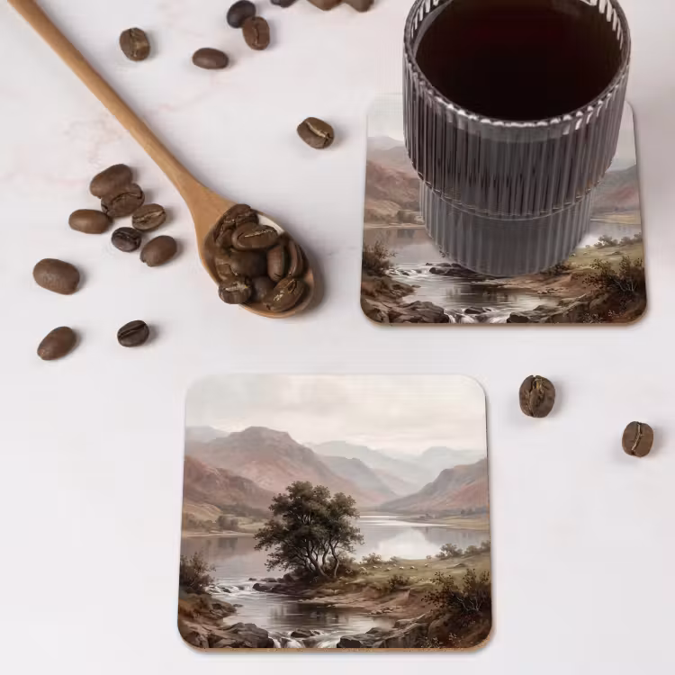 Berglandschap - Meer - Bergen - Vallei - Klassiek onderzetter kurk middel -sfeer2