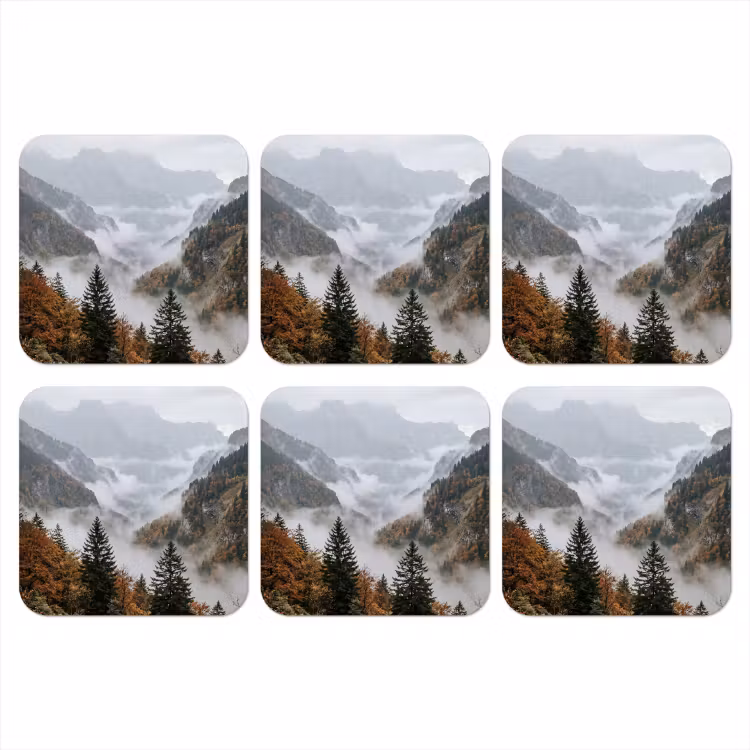 Bergen - Vallei - Mist - Herfst - Natuur onderzetter kurk middel -3d