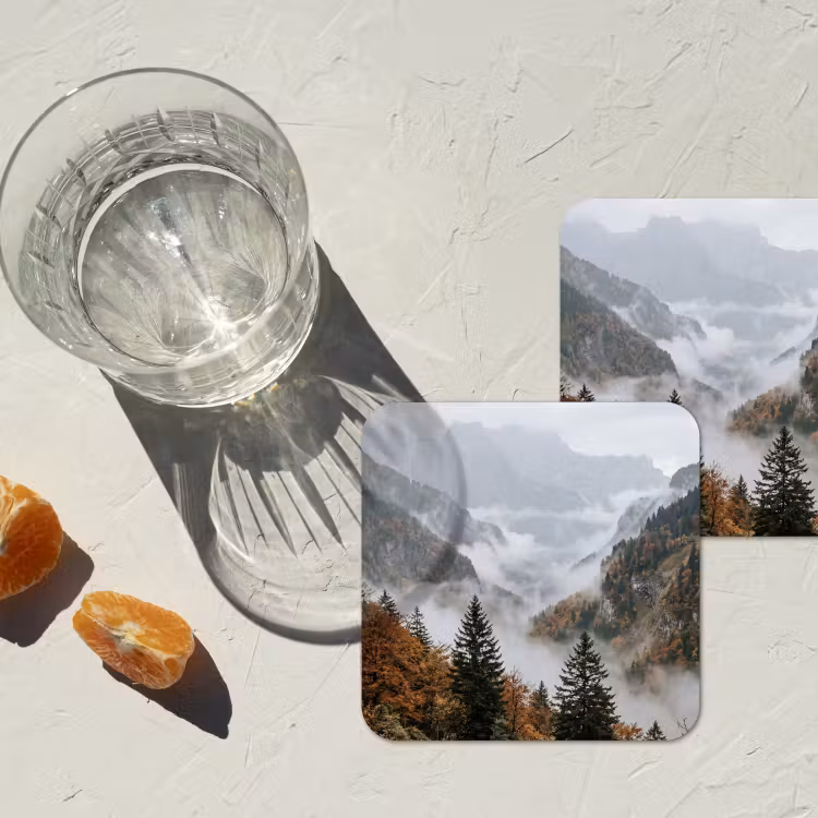 Bergen - Vallei - Mist - Herfst - Natuur onderzetter kurk middel -sfeer4
