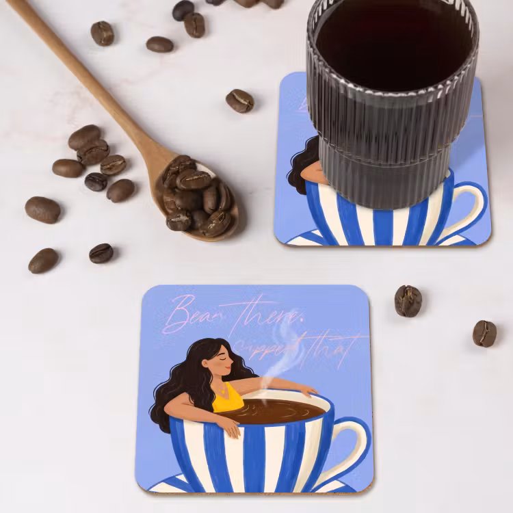 Mok - Koffie - Vrouw - Paars onderzetter kurk middel -sfeer2