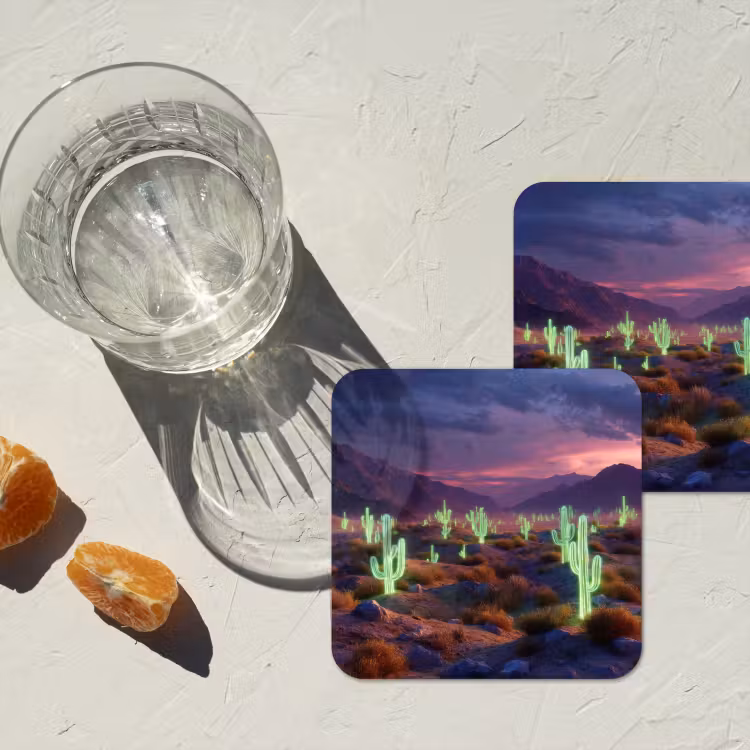 Neon cactussen - Woestijn - Zonsondergang onderzetter kurk middel -sfeer4
