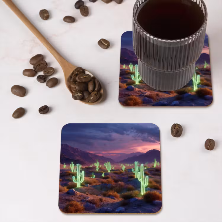 Neon cactussen - Woestijn - Zonsondergang onderzetter kurk middel -sfeer2