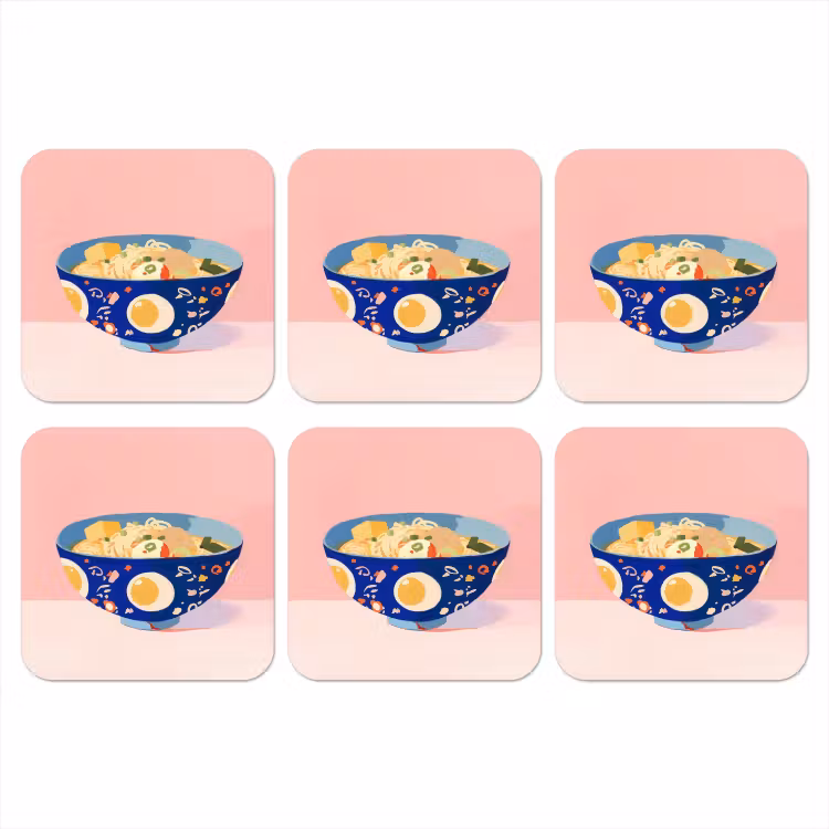 Noodles - Kom - Blauw - Illustratie onderzetter kurk middel -3d