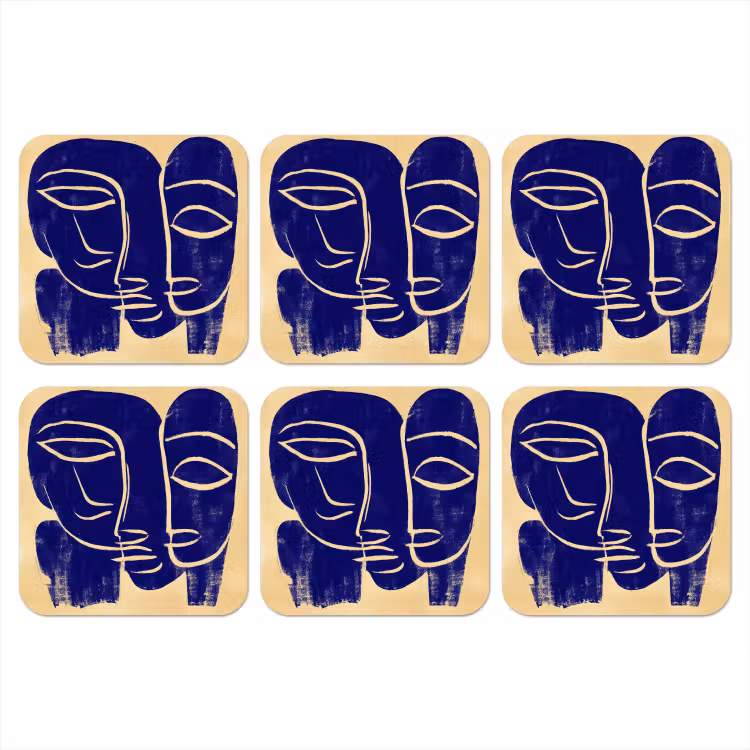 Okergeel - Blauw - Eenvoudige lijnen onderzetter kurk middel -3d