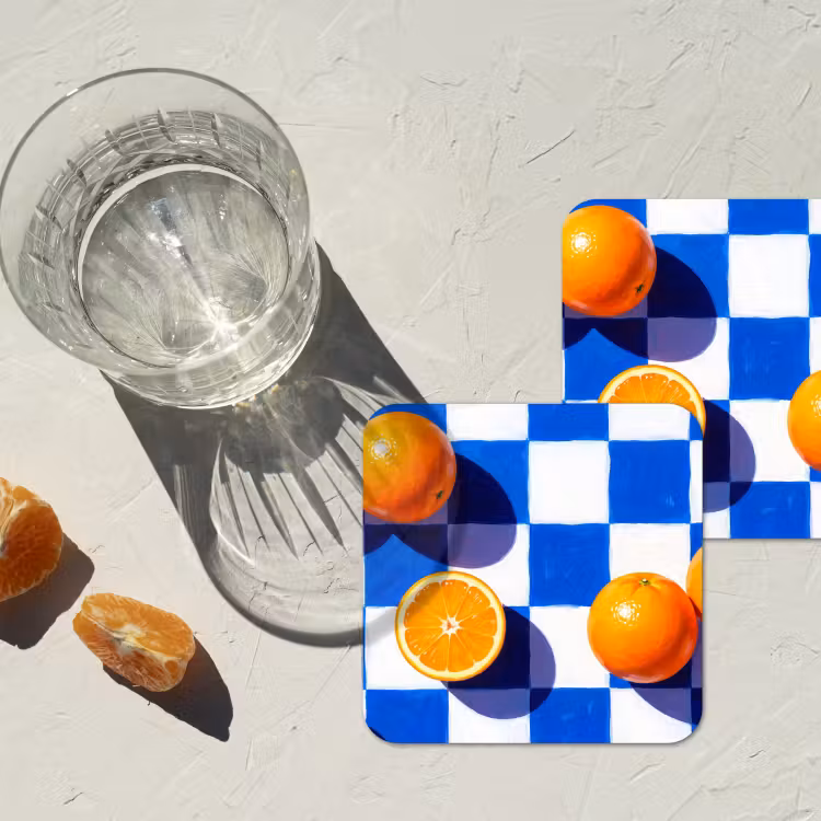 Coaster - Orange - Checkered - Food - Sinaasappel - Geruit - Eten onderzetter kurk middel