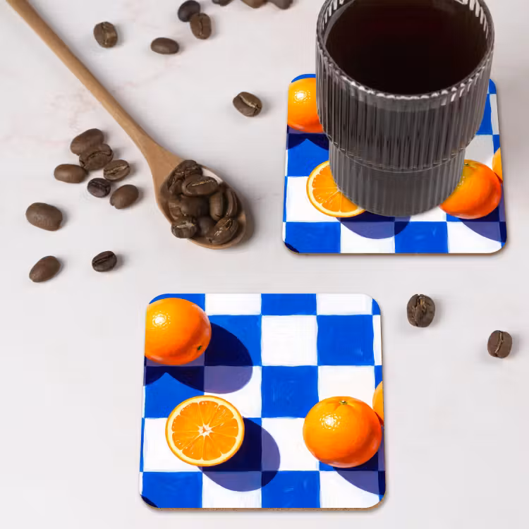 Coaster - Orange - Checkered - Food - Sinaasappel - Geruit - Eten onderzetter kurk middel