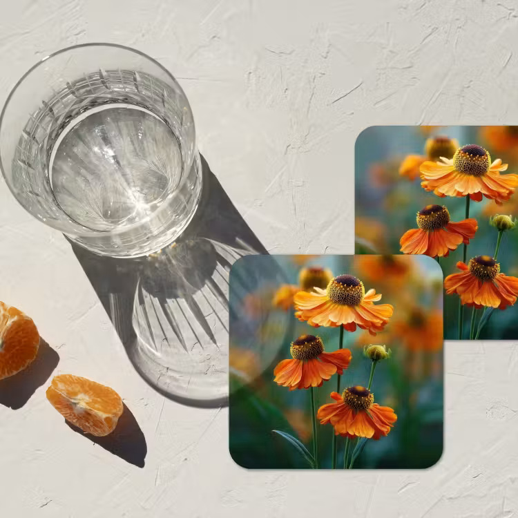 Oranje bloemen - Levendig - Wazige achtergrond onderzetter kurk middel -sfeer4