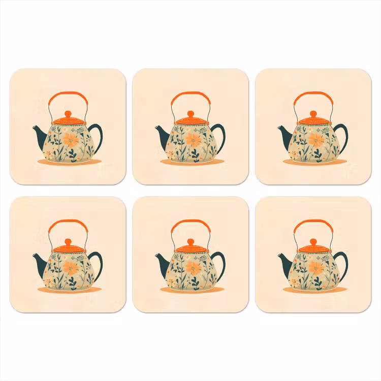 Oranje - Theepot - Bloemen - Bladeren onderzetter kurk middel -3d