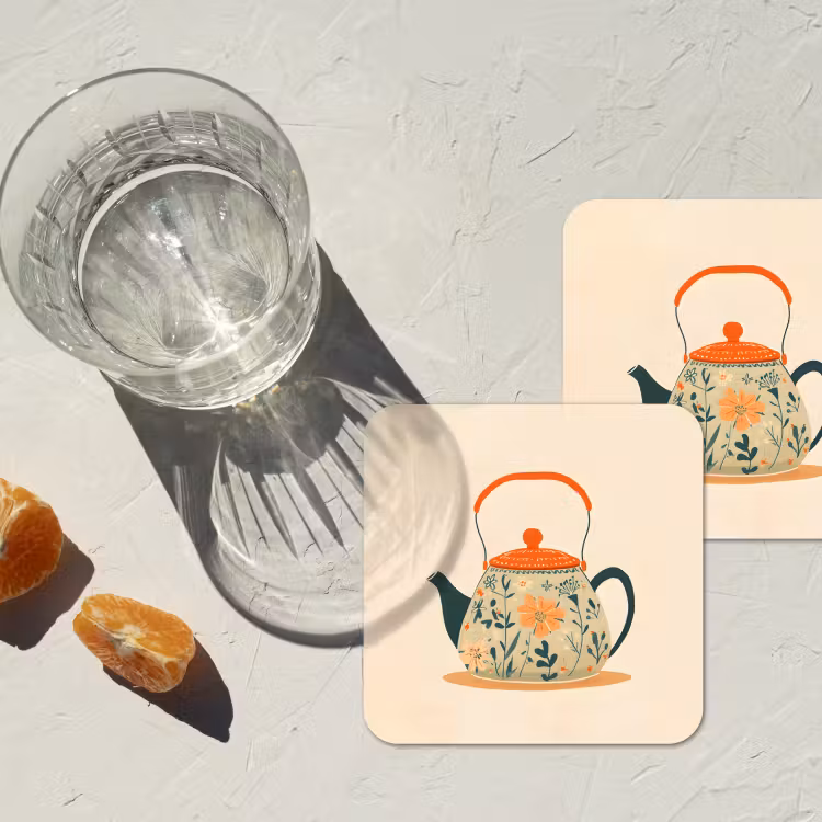 Oranje - Theepot - Bloemen - Bladeren onderzetter kurk middel -sfeer4