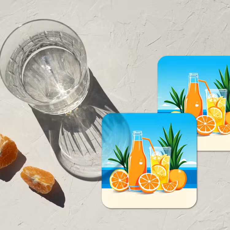 Sinaasappels - Ijsblokjes -  Zee - Illustratie onderzetter kurk middel -sfeer4