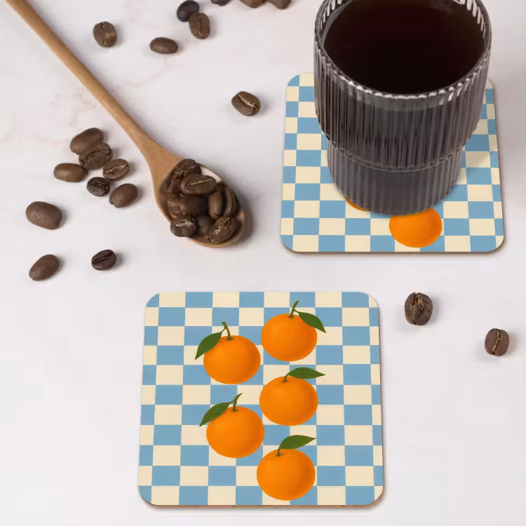 Sinaasappels - Blaadjes - Geblokt - Blauw onderzetter kurk middel -sfeer2