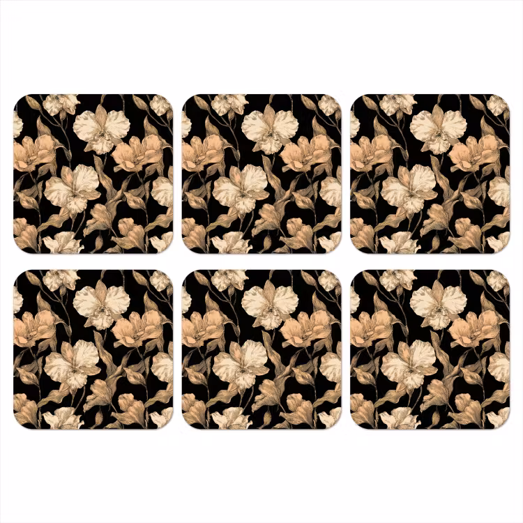 Orchideeën - Lijntekening - Patroon - Beige - Zwart onderzetter kurk middel 366 -3d