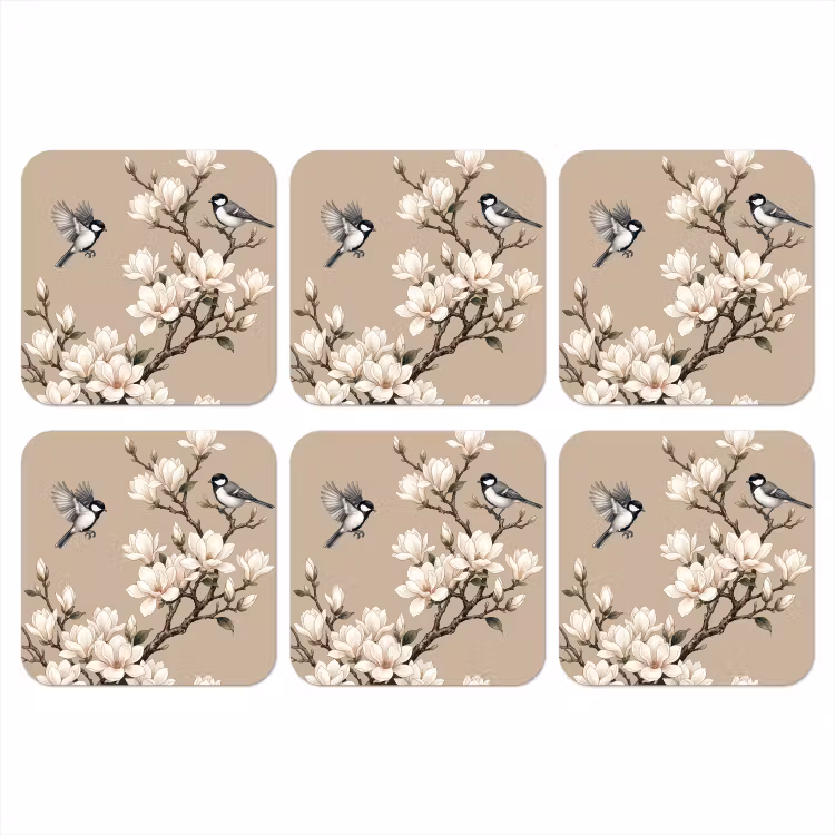 Oosters - Vogels - Beige onderzetter kurk middel -3d