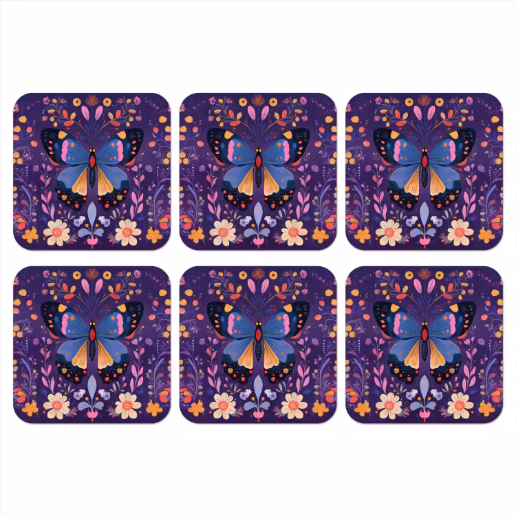 Sierlijk - Bloemen - Vlinder - Paars onderzetter kurk middel -3d