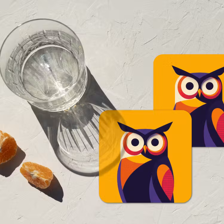 Uil - Grafisch - Kleurrijk - Ogen onderzetter kurk middel -sfeer4