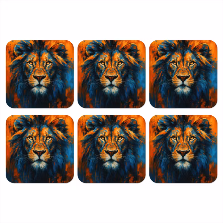 Schilderij - Leeuwenkop - Oranje onderzetter kurk middel -3d