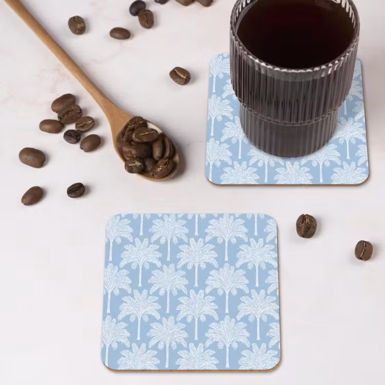 Palmboom - Modern - Blauw onderzetter kurk middel 366 -sfeer2
