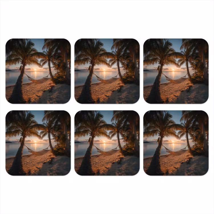 Palmbomen - Hangmat - Strand - Zonsondergang onderzetter kurk middel -3d