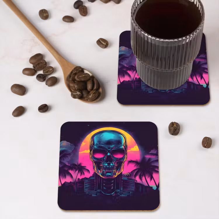 Palmbomen - Hoofd - Metallic - Zonsondergang onderzetter kurk middel -sfeer2