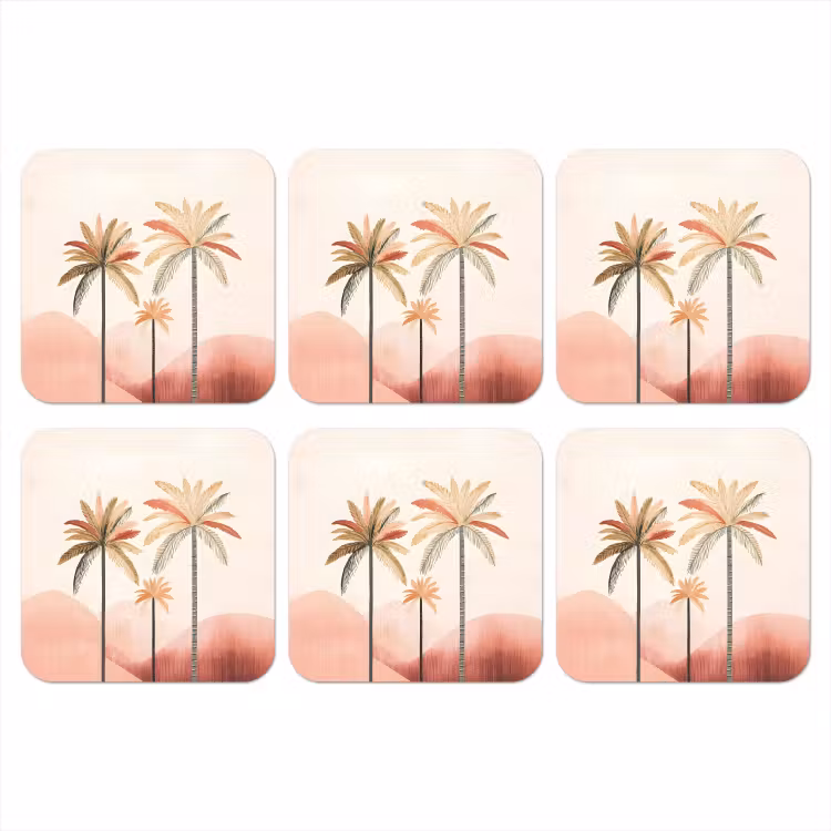 Palmbomen - Heuvels - Minimalistisch - Zachtroze onderzetter kurk middel -3d