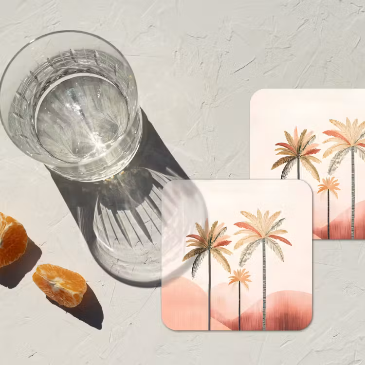 Palmbomen - Heuvels - Minimalistisch - Zachtroze onderzetter kurk middel -sfeer4