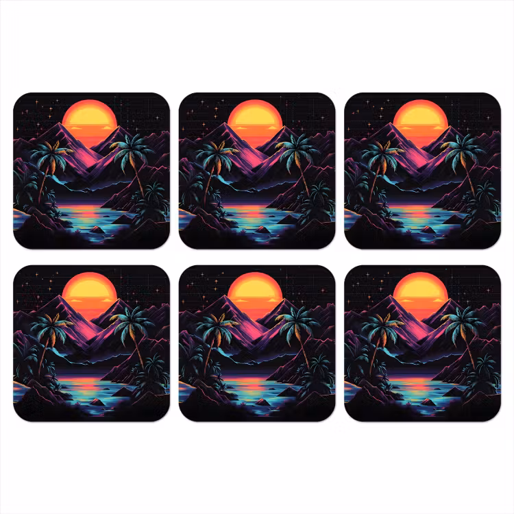 Palmbomen - Neonbergen - Sterrenhemel - Zon onderzetter kurk middel -3d
