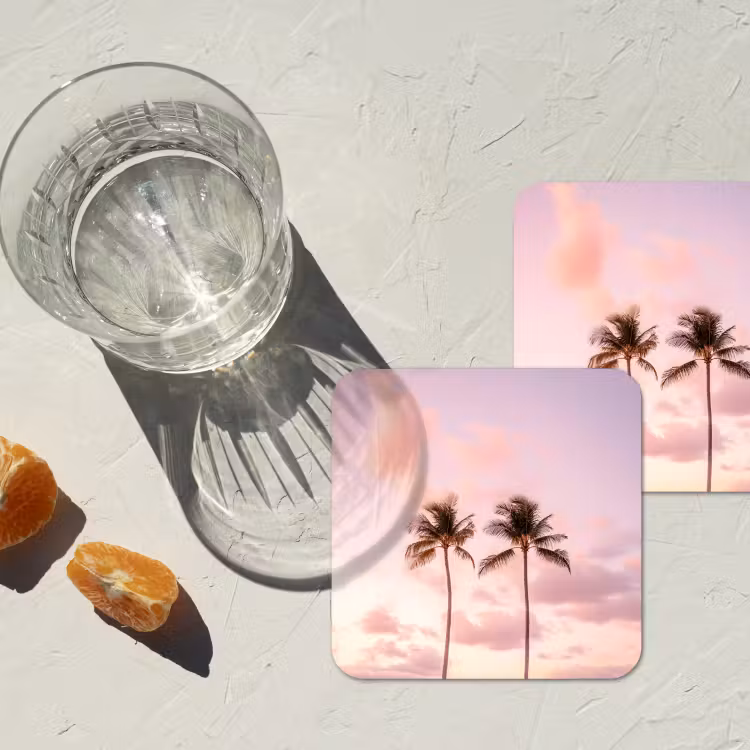 Palmbomen - Paars - Wolken - Lucht onderzetter kurk middel -sfeer4