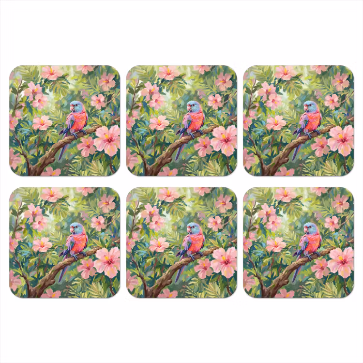 Papagaai - Hibiscusbloemen - Kleurrijk onderzetter kurk middel -3d