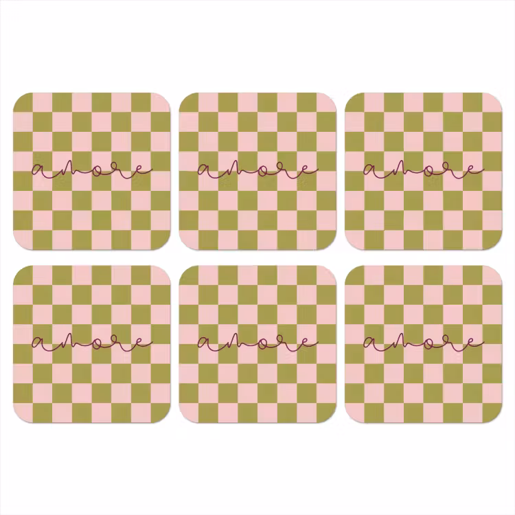 Patroon - Geblokt - Olijfgroen - Amore onderzetter kurk middel -3d