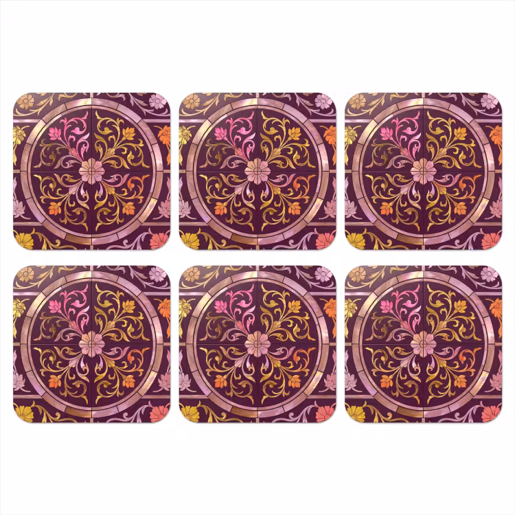 Patroon - Floraal - Oosters - Paars - Goud onderzetter kurk middel -3d