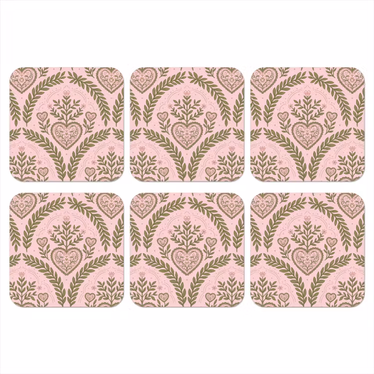 Patroon - Hart - Bloemen - Folkloristisch - Roze onderzetter kurk middel -3d