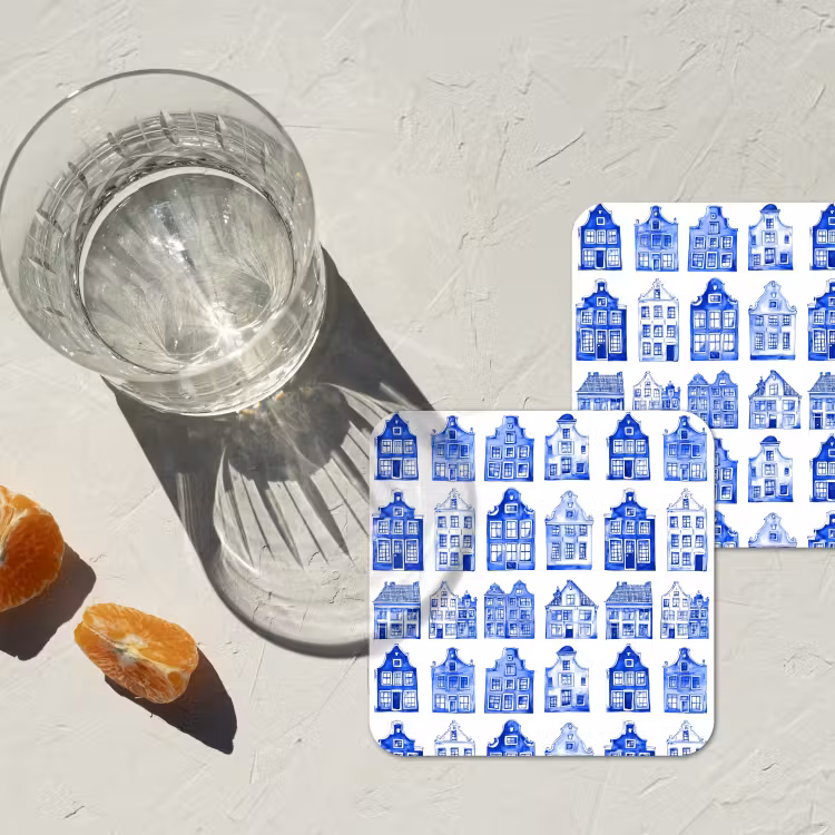 Patroon - Huizen - Blauw onderzetter kurk middel 366 -sfeer4
