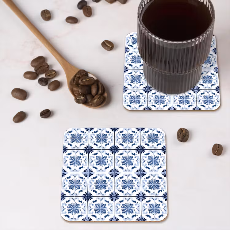 Patroon - Tegel - Blauw onderzetter kurk middel 366 -sfeer2
